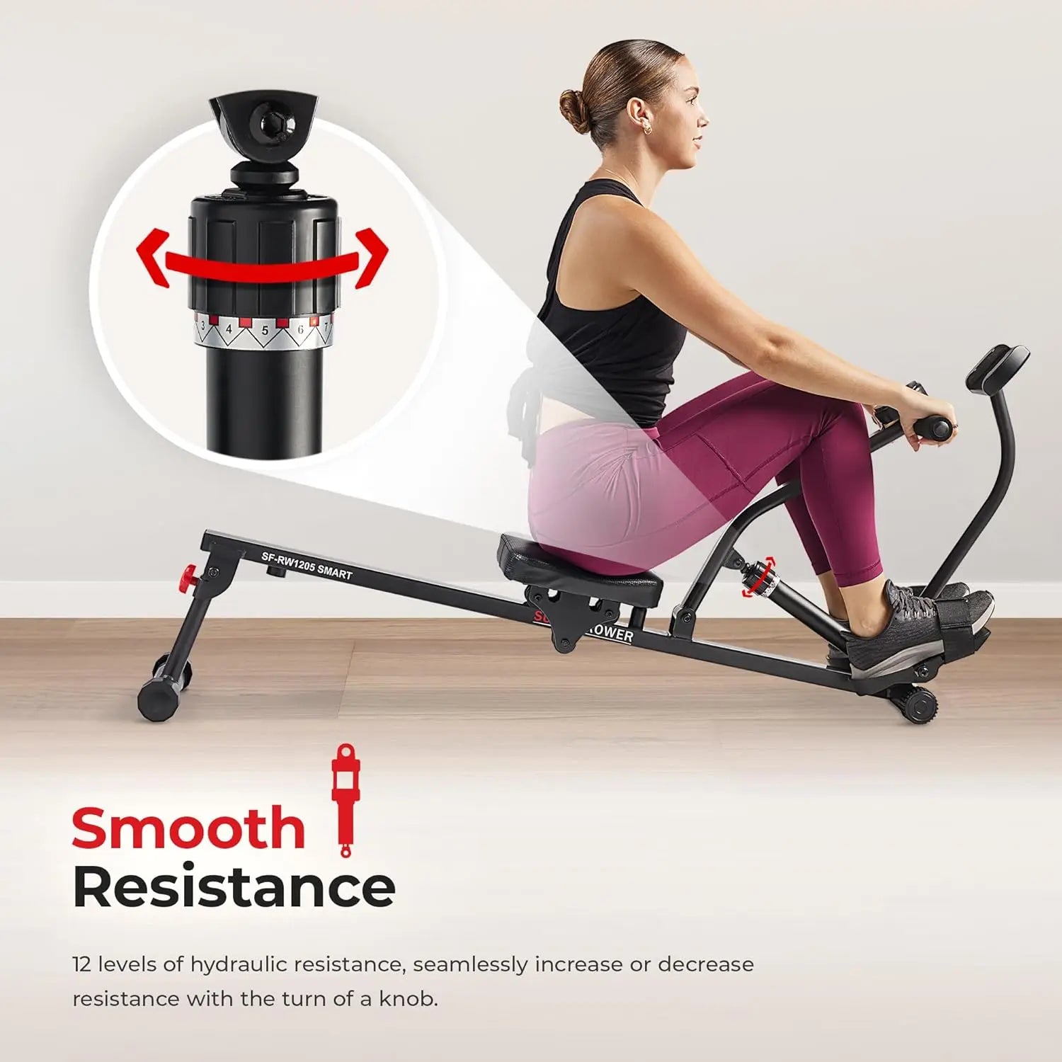 Health & Fitness Compact Adjustable Rowing Machine with 12 Levels of Resistance for Complete Body Workouts and Optional Free Sun