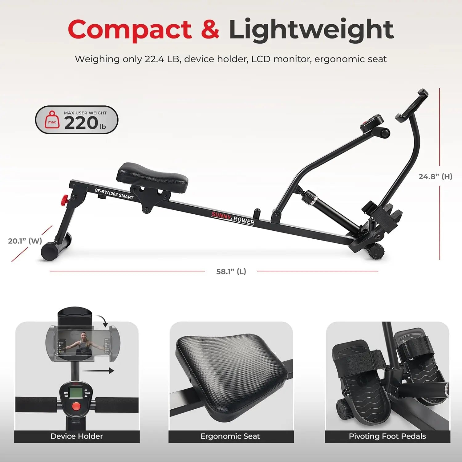 Health & Fitness Compact Adjustable Rowing Machine with 12 Levels of Resistance for Complete Body Workouts and Optional Free Sun