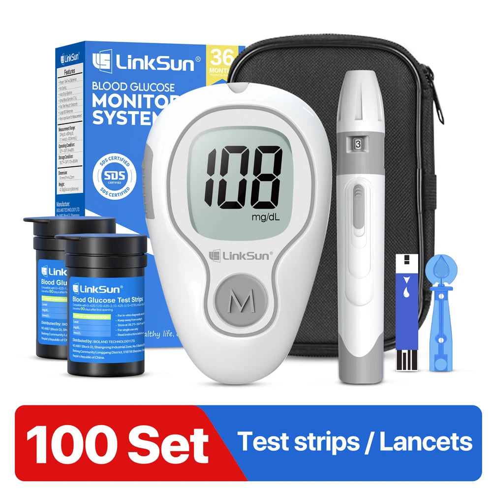 LinkSun G-425-3 Blood Glucose Meter Glucometer Full Set Medical Diabetes Blood Sugar Monitor Complete Kit Glucose Test Strips